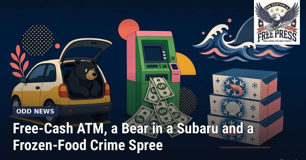 Illustration of a black bear in a car, a cash-spilling ATM, a shark fin and frozen seafood boxes